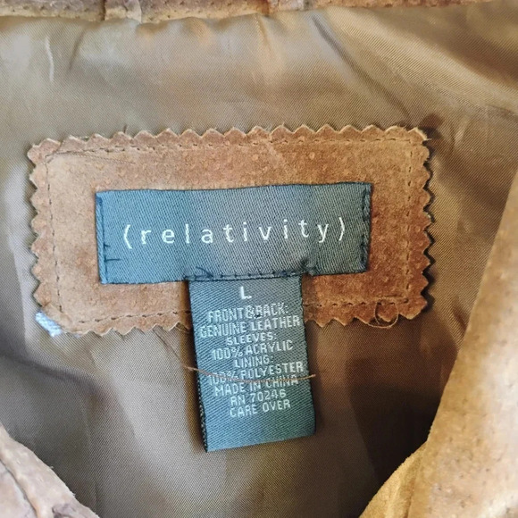 Relativity Brown Suede Leather Trucker Jacket Ribbed Knit Sleeves Size Large - Picture 7 of 11
